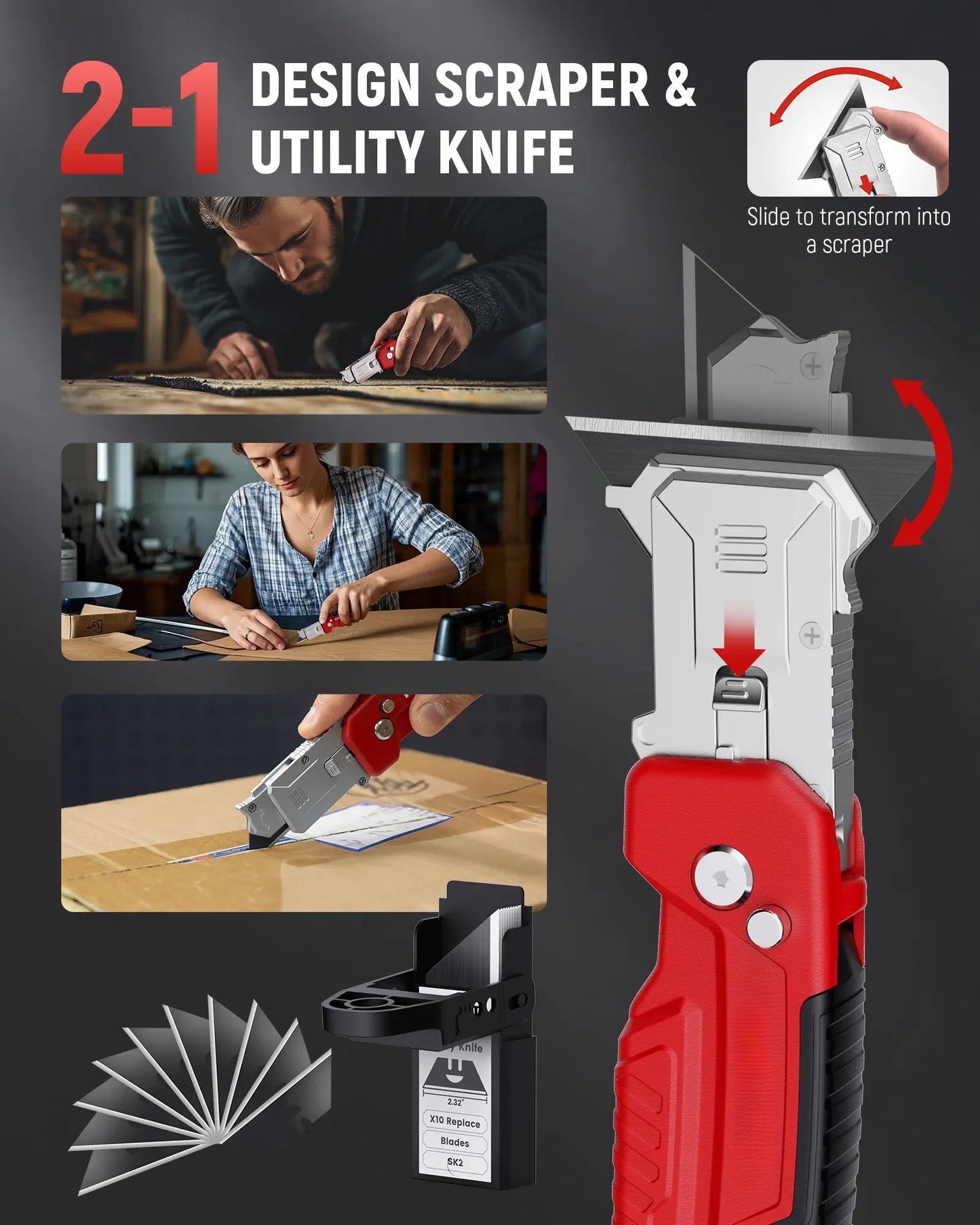 2-in-1 Folding Utility Knife and Razor Blade Scraper Tool